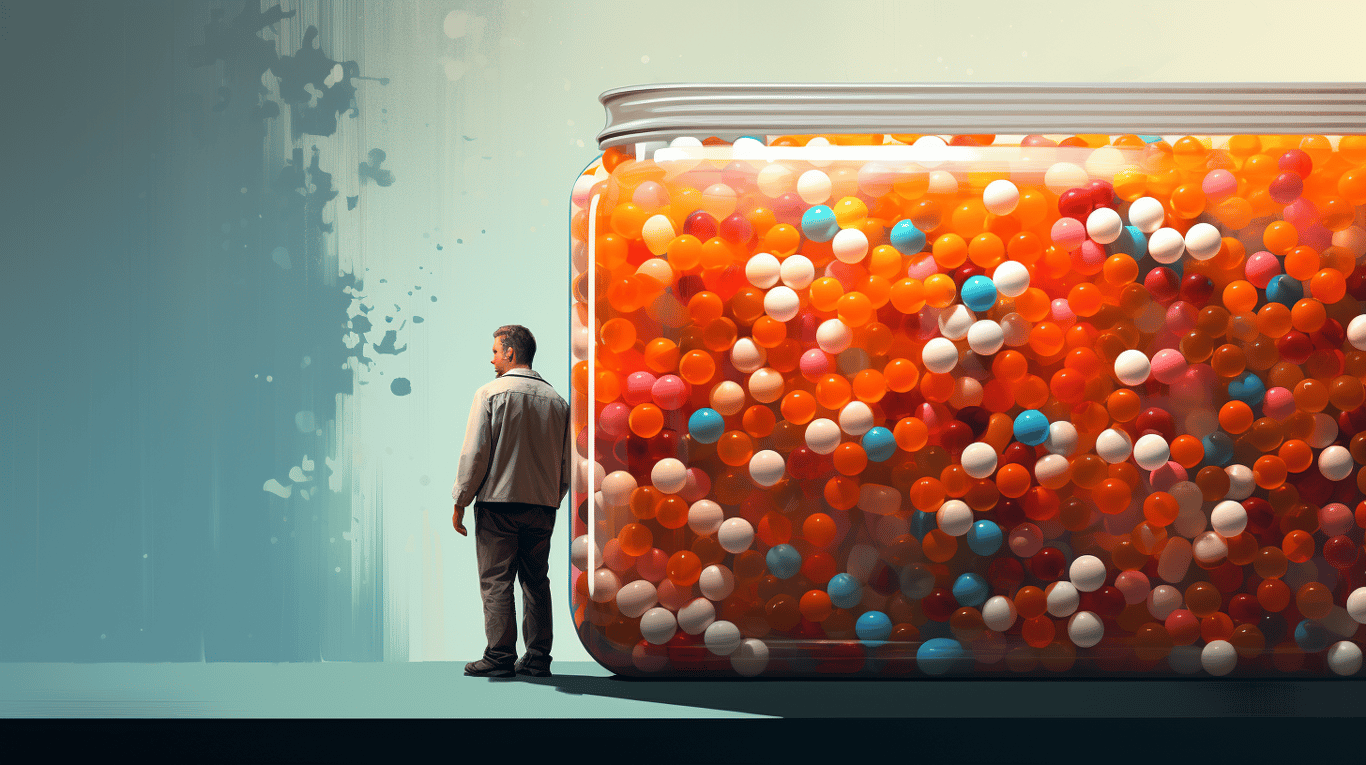 abstract image of a researcher studying a bottle of drug.