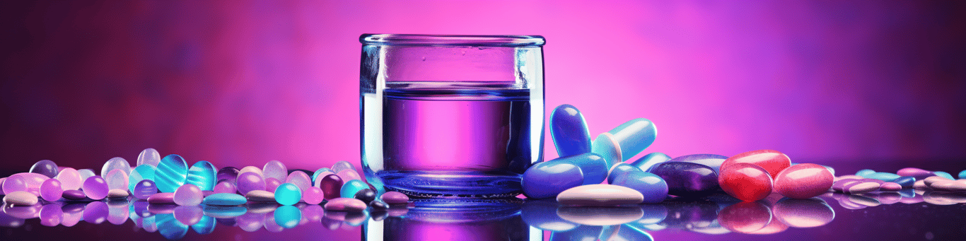 image of drug pills surrounding a glass of water symbolizing drug consumption