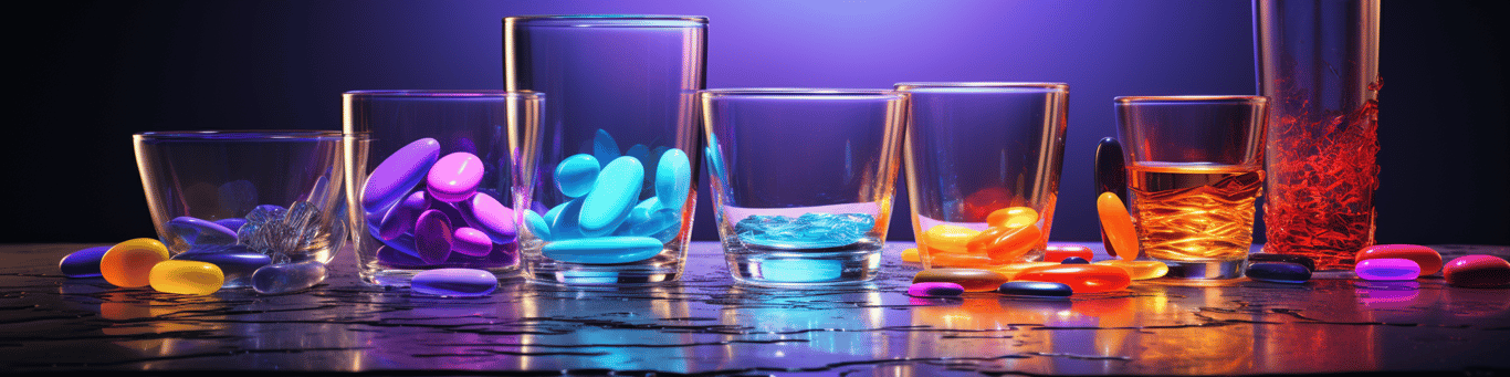 image of drug pills surrounding a glass of water symbolizing drug consumption