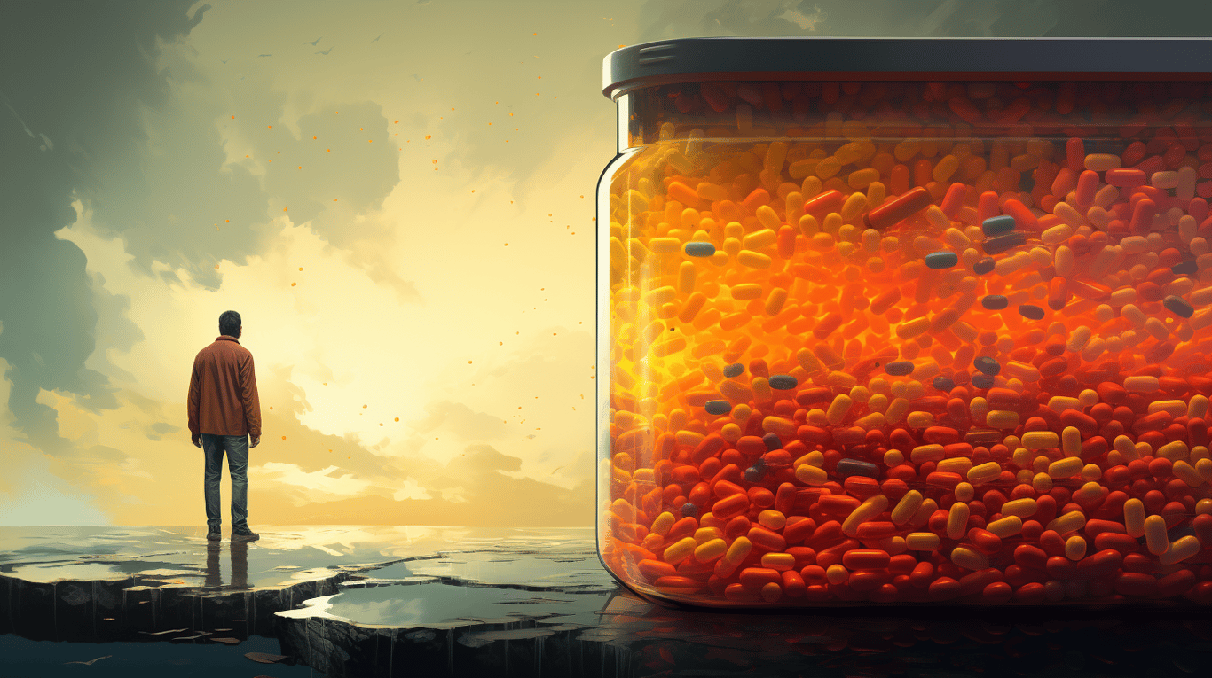 abstract image of a researcher studying a bottle of drug.