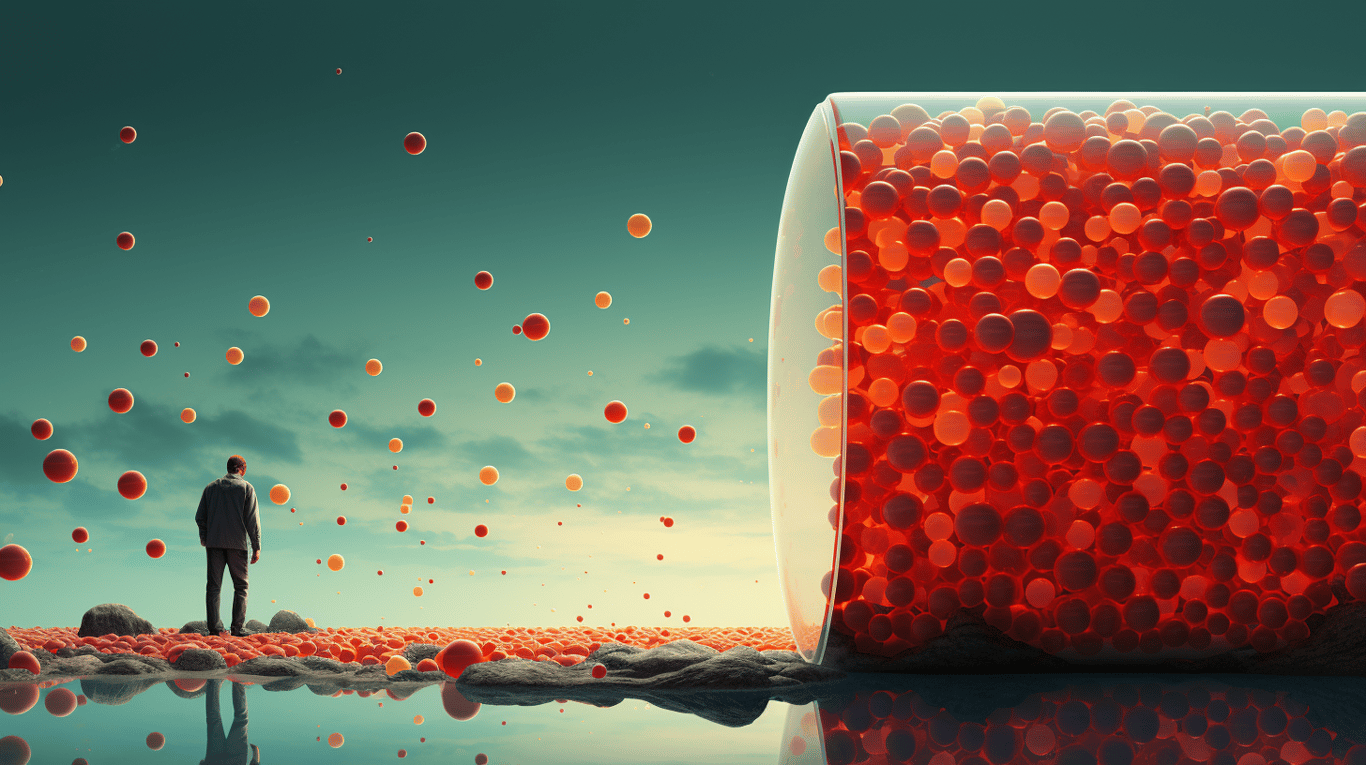 abstract image of a researcher studying a bottle of drug.