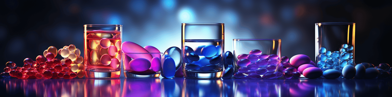 image of drug pills surrounding a glass of water symbolizing drug consumption