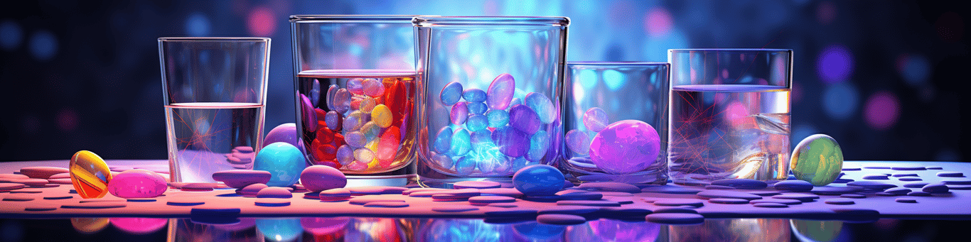 image of drug pills surrounding a glass of water symbolizing drug consumption
