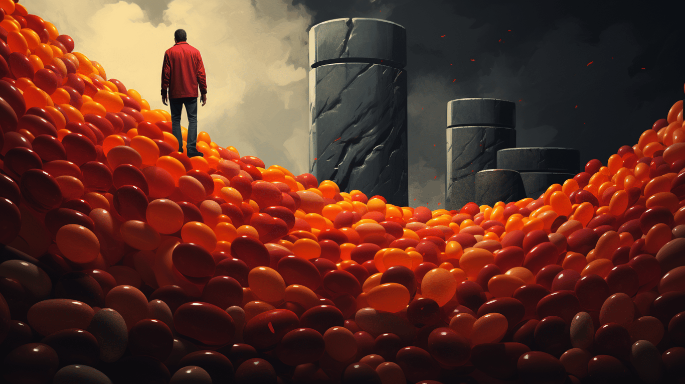 abstract image of a researcher studying a bottle of drug.