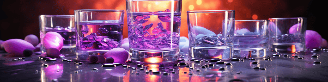 image of drug pills surrounding a glass of water symbolizing drug consumption