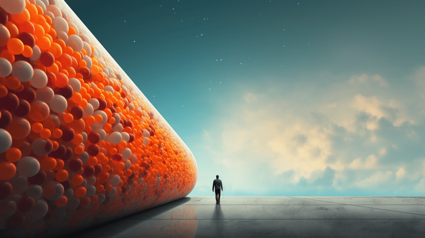 abstract image of a researcher studying a bottle of drug.