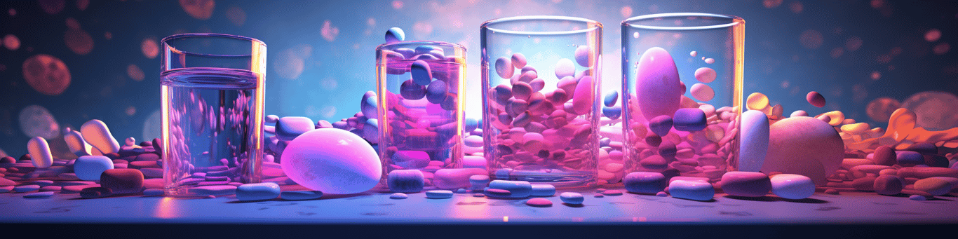 image of drug pills surrounding a glass of water symbolizing drug consumption