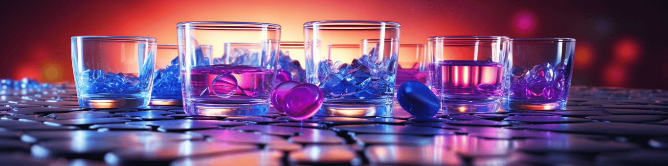 image of drug pills surrounding a glass of water symbolizing drug consumption