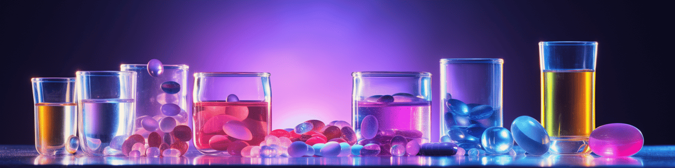 image of drug pills surrounding a glass of water symbolizing drug consumption