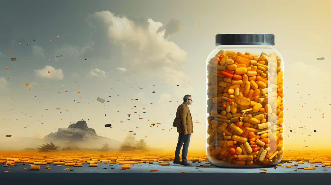 abstract image of a researcher studying a bottle of drug.