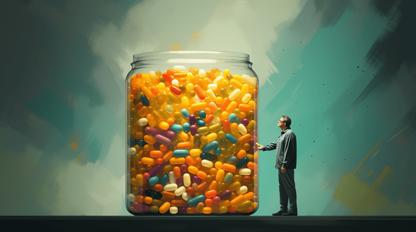 abstract image of a researcher studying a bottle of drug.