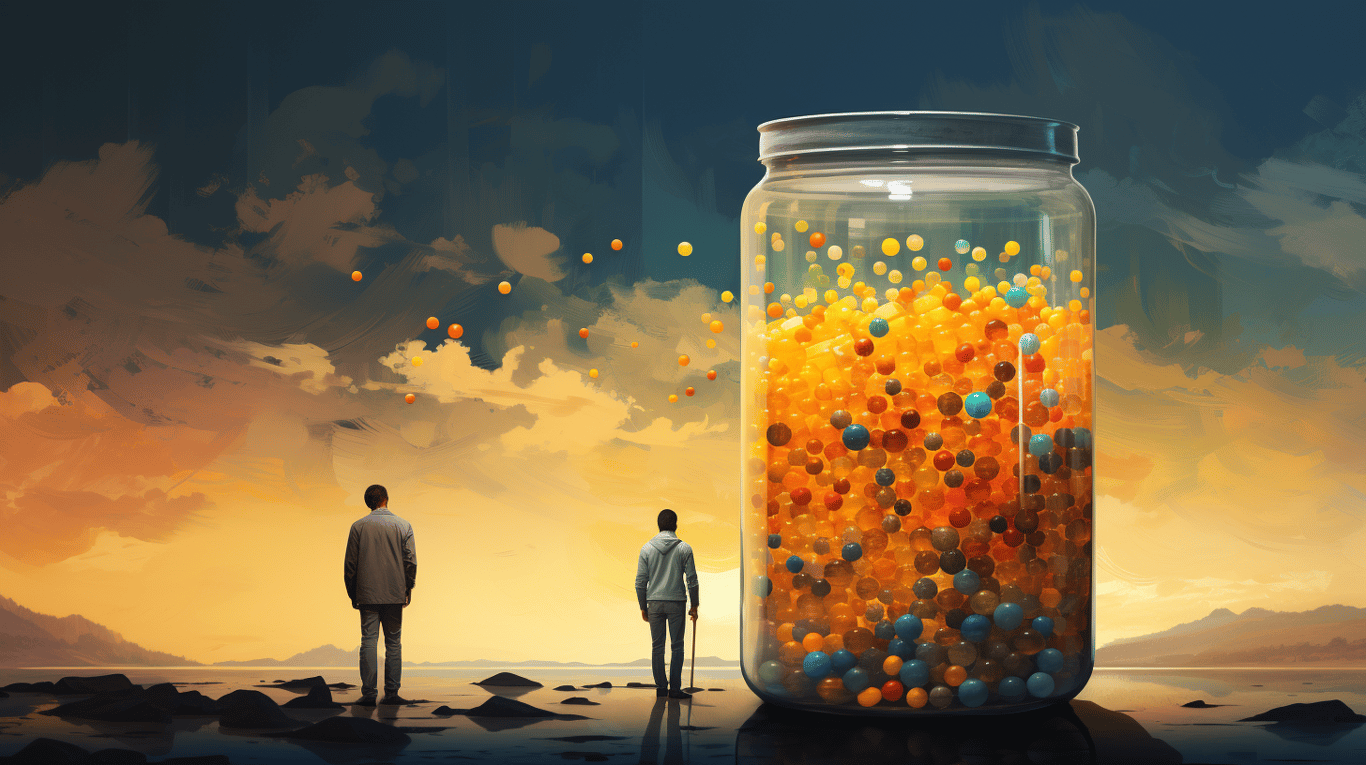 abstract image of a researcher studying a bottle of drug.