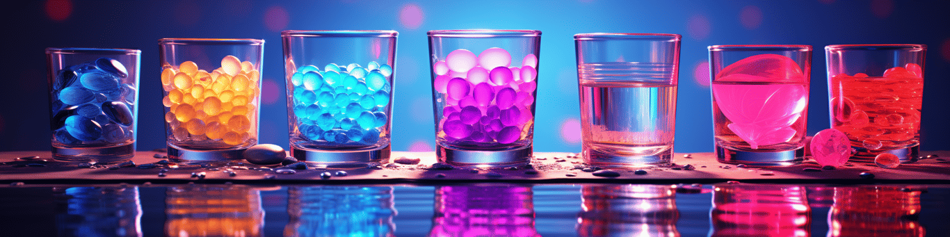 image of drug pills surrounding a glass of water symbolizing drug consumption