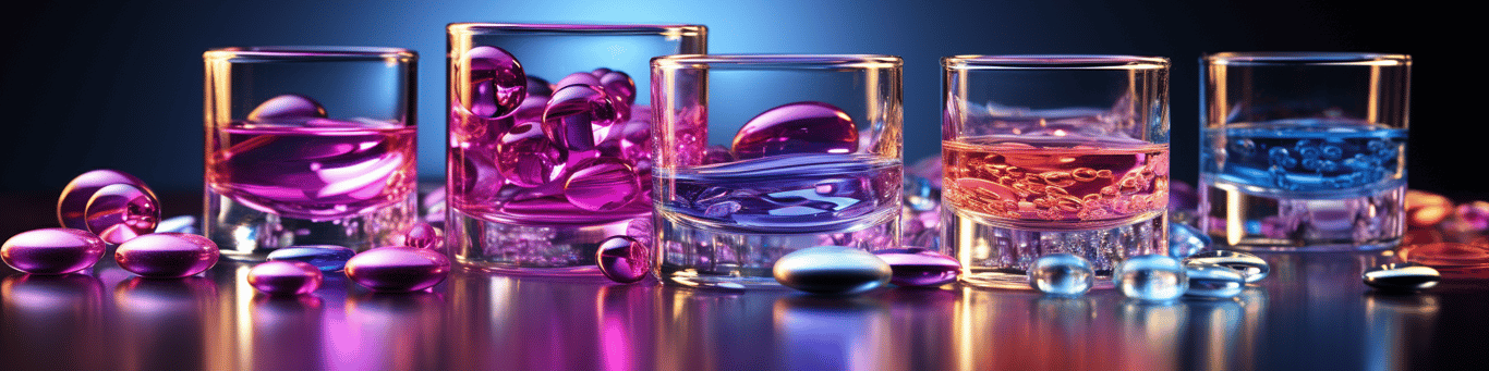 image of drug pills surrounding a glass of water symbolizing drug consumption