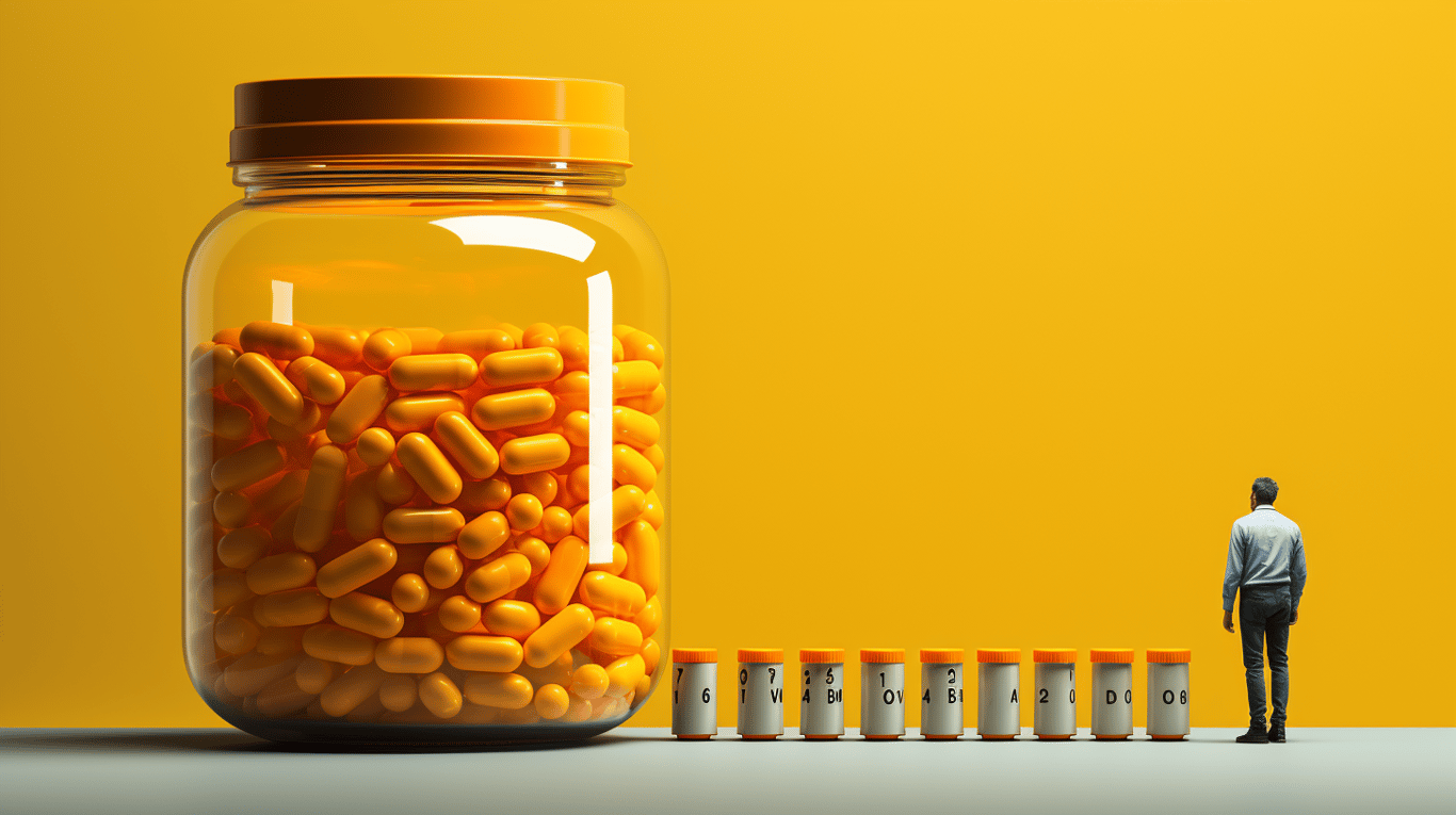 abstract image of a researcher studying a bottle of drug.