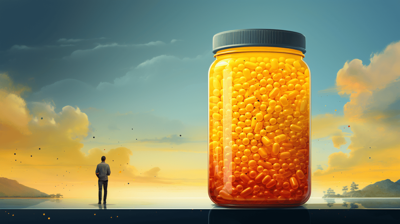 abstract image of a researcher studying a bottle of drug.