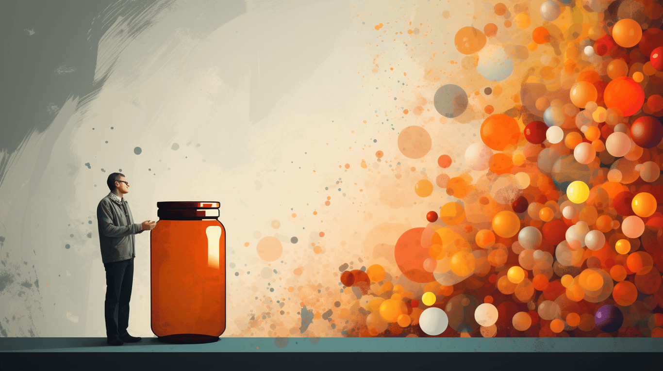 abstract image of a researcher studying a bottle of drug.