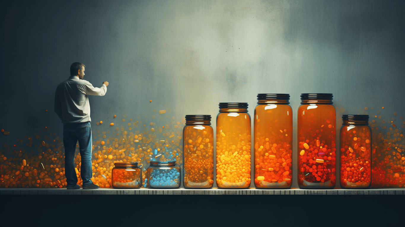 abstract image of a researcher studying a bottle of drug.