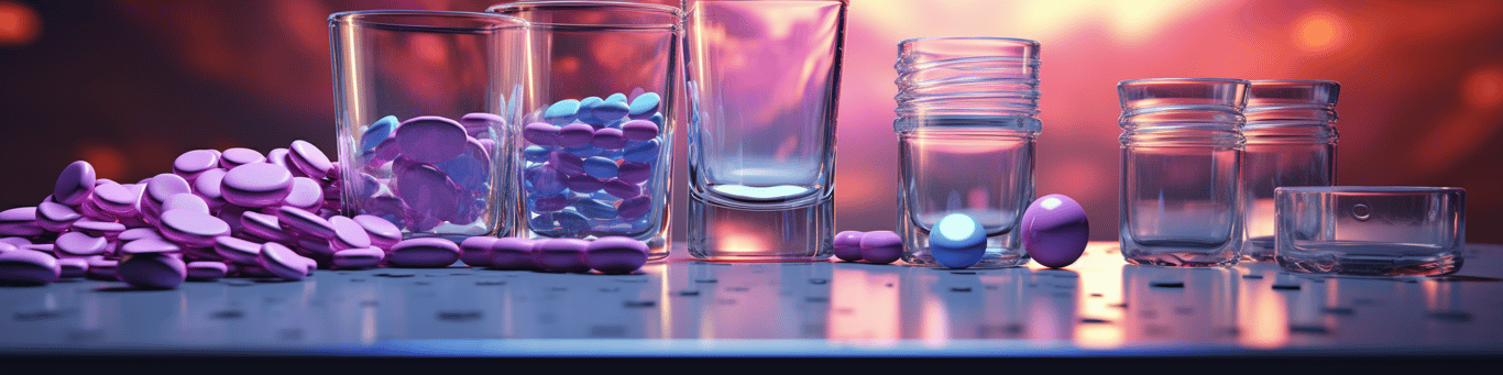 image of drug pills surrounding a glass of water symbolizing drug consumption