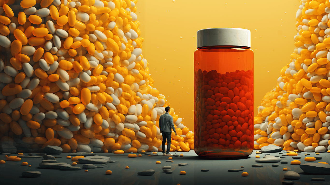 abstract image of a researcher studying a bottle of drug.