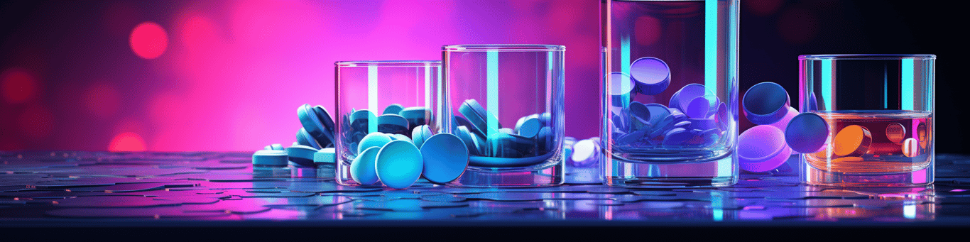 image of drug pills surrounding a glass of water symbolizing drug consumption