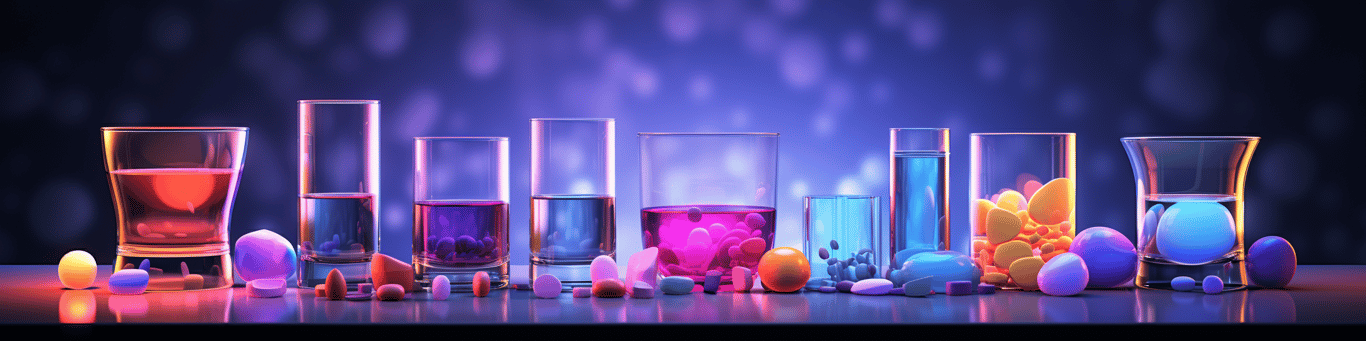 image of drug pills surrounding a glass of water symbolizing drug consumption