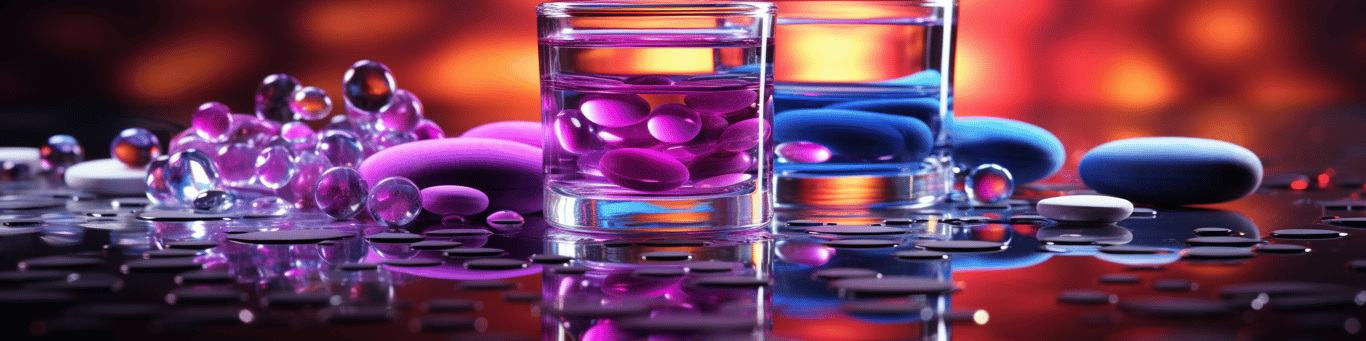 image of drug pills surrounding a glass of water symbolizing drug consumption