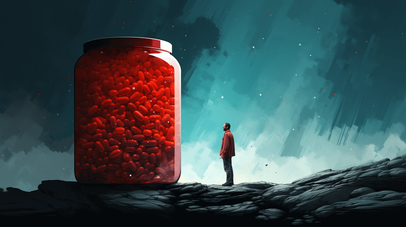 abstract image of a researcher studying a bottle of drug.