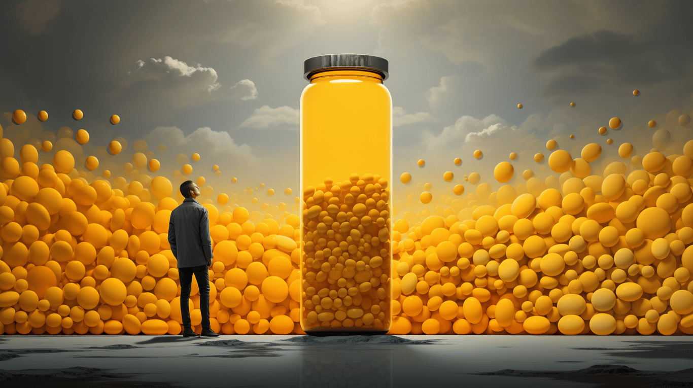 abstract image of a researcher studying a bottle of drug.