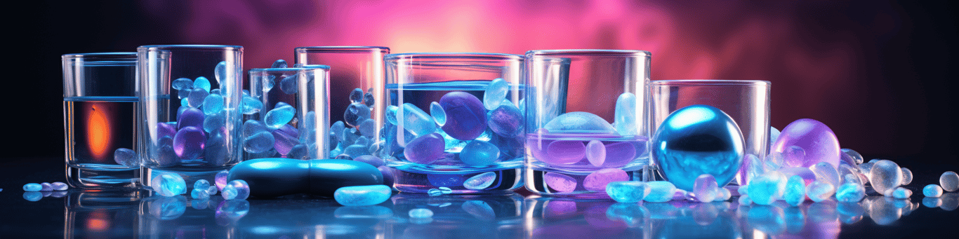 image of drug pills surrounding a glass of water symbolizing drug consumption