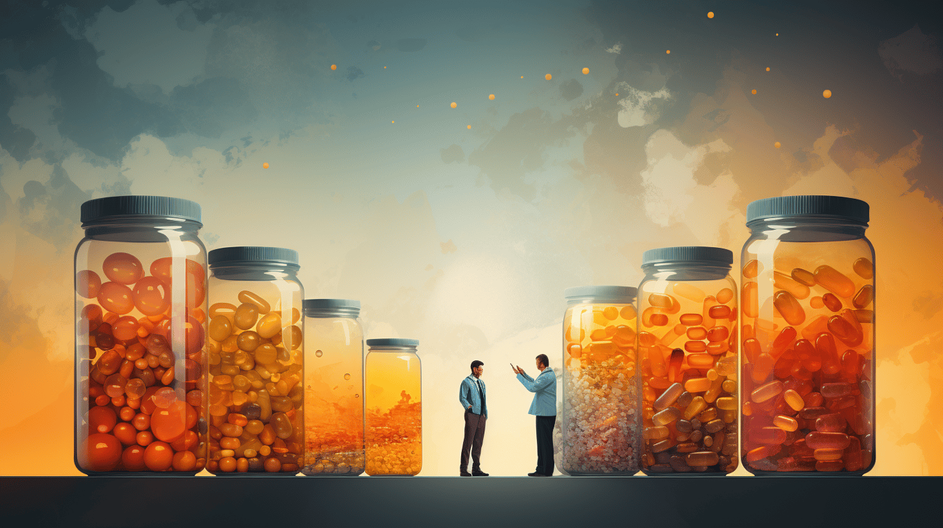 abstract image of a researcher studying a bottle of drug.