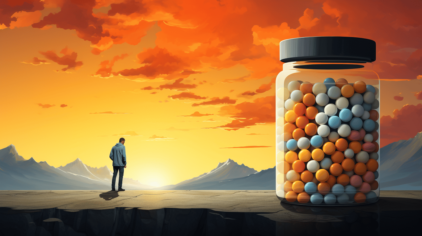 abstract image of a researcher studying a bottle of drug.