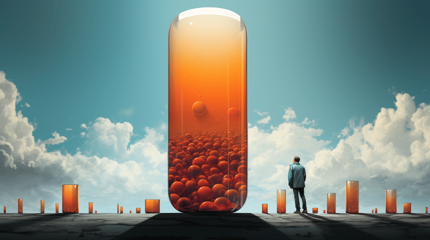 abstract image of a researcher studying a bottle of drug.