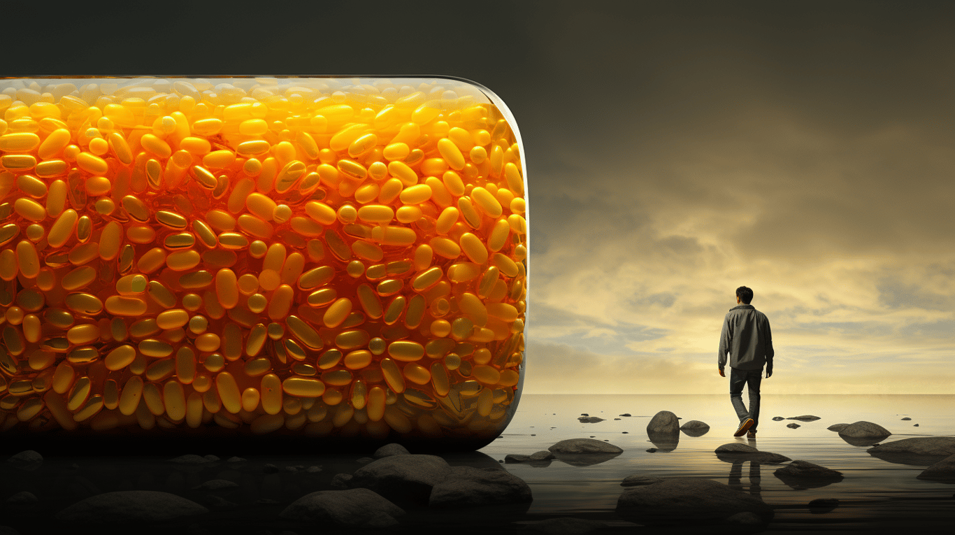 abstract image of a researcher studying a bottle of drug.