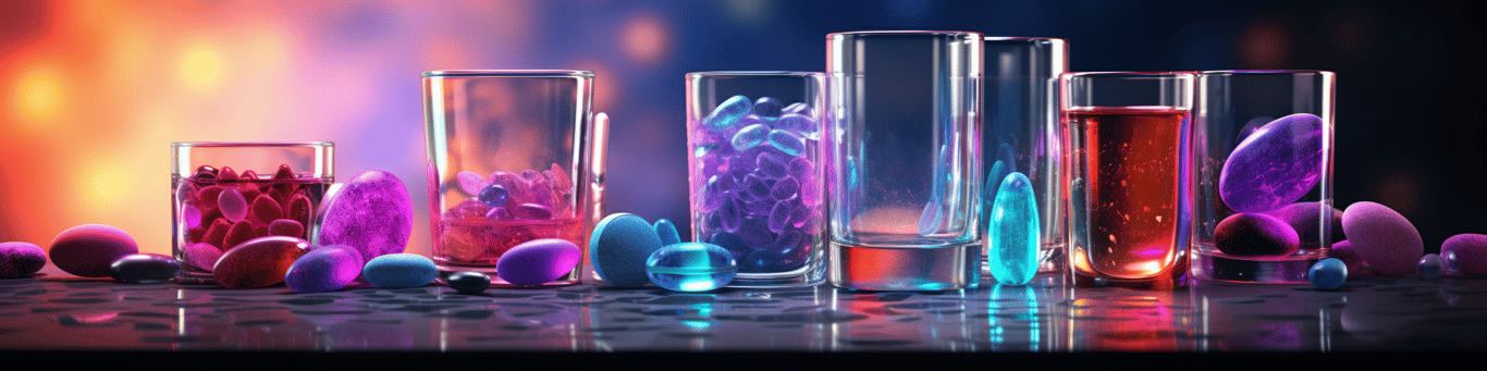 image of drug pills surrounding a glass of water symbolizing drug consumption