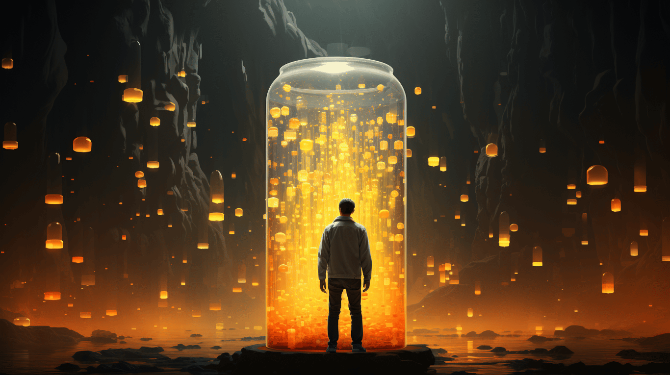 abstract image of a researcher studying a bottle of drug.