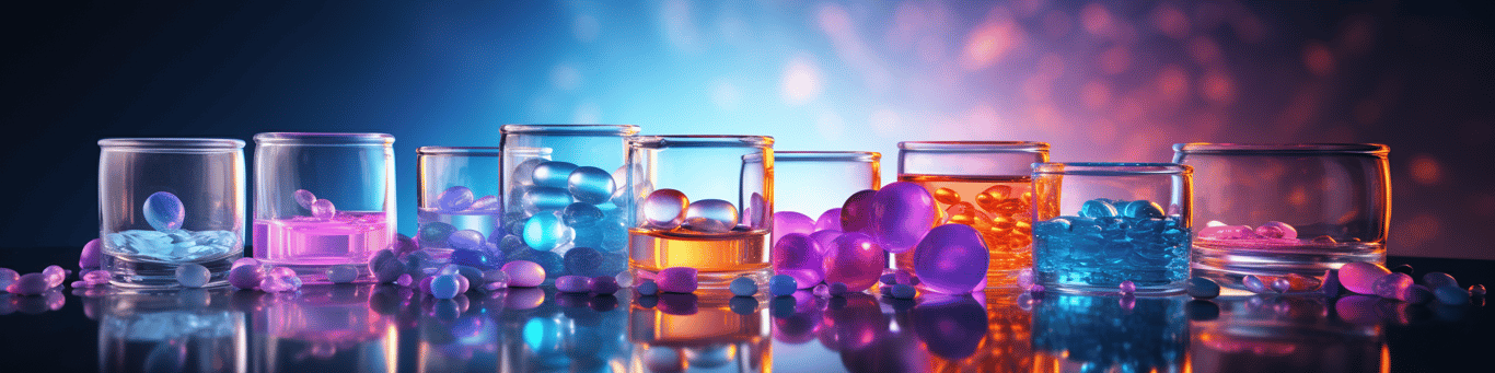 image of drug pills surrounding a glass of water symbolizing drug consumption