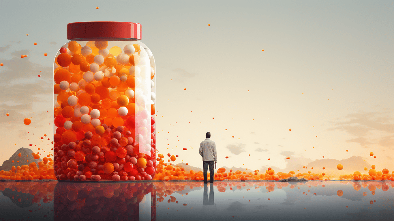 abstract image of a researcher studying a bottle of drug.