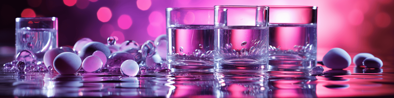 image of drug pills surrounding a glass of water symbolizing drug consumption