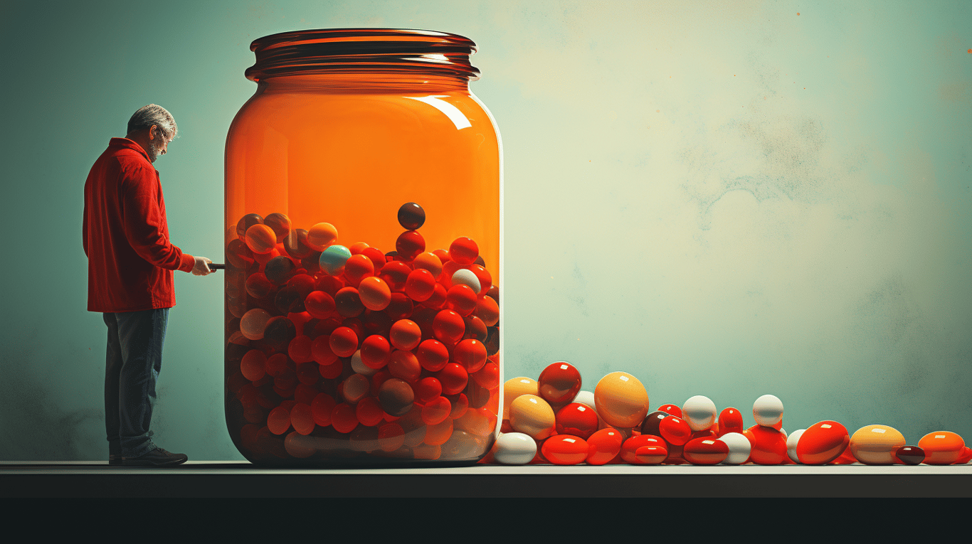 abstract image of a researcher studying a bottle of drug.