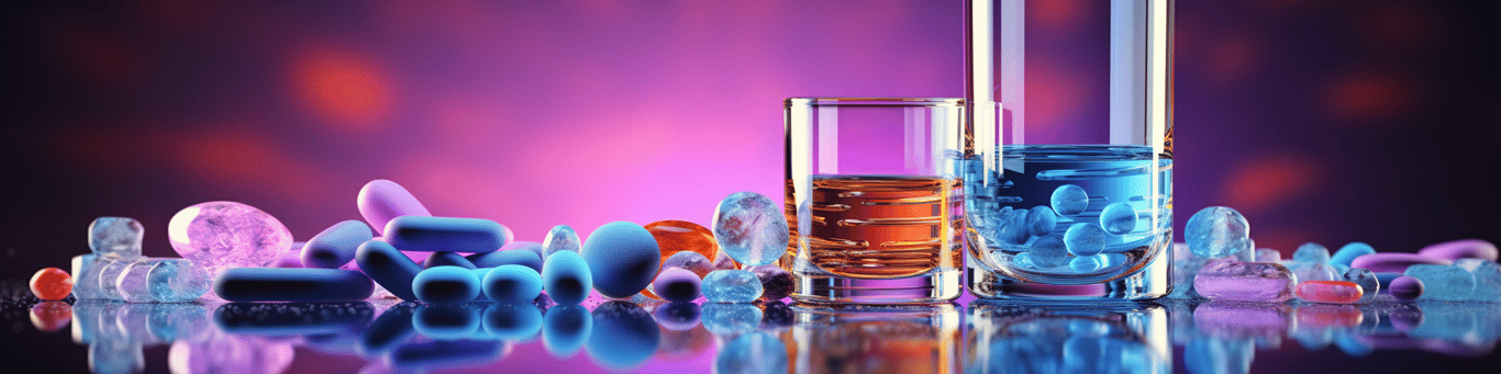 image of drug pills surrounding a glass of water symbolizing drug consumption
