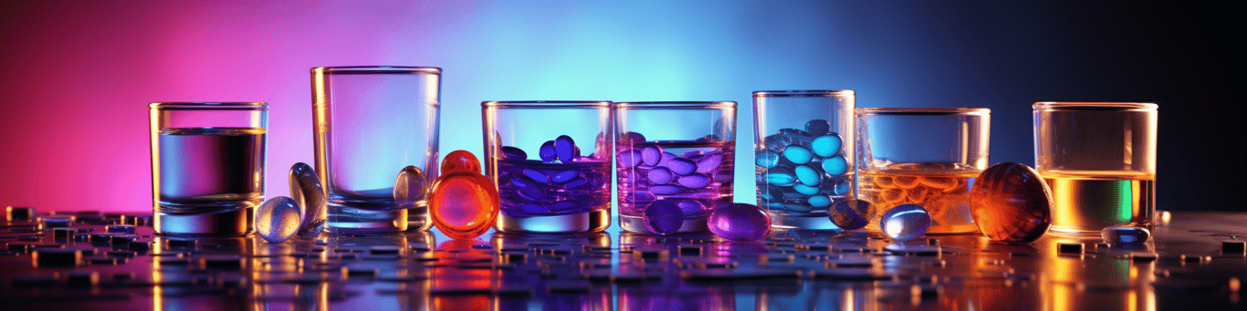 image of drug pills surrounding a glass of water symbolizing drug consumption