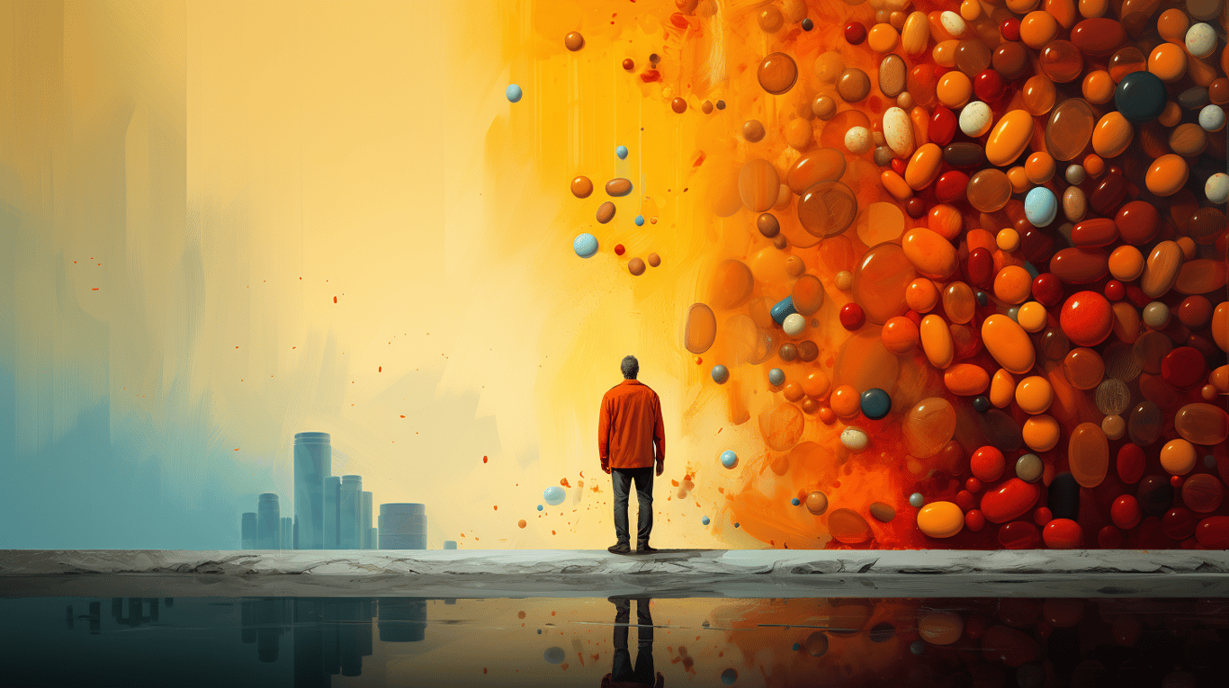 abstract image of a researcher studying a bottle of drug.