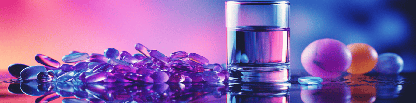 image of drug pills surrounding a glass of water symbolizing drug consumption