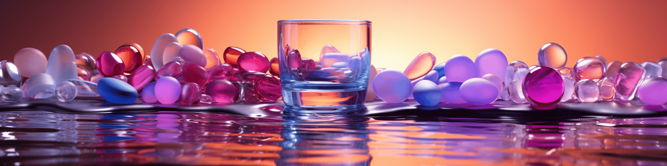 image of drug pills surrounding a glass of water symbolizing drug consumption