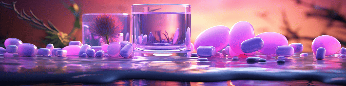 image of drug pills surrounding a glass of water symbolizing drug consumption