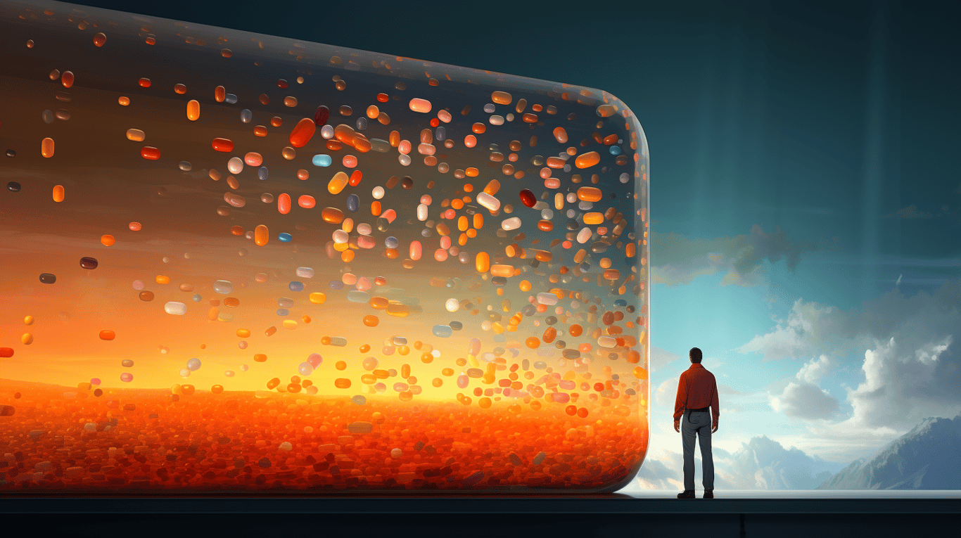 abstract image of a researcher studying a bottle of drug.