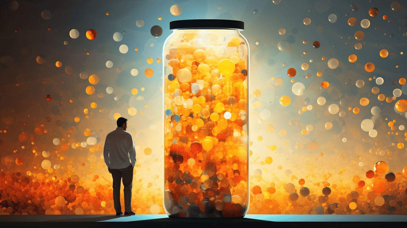 abstract image of a researcher studying a bottle of drug.