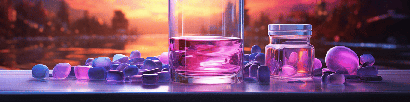 image of drug pills surrounding a glass of water symbolizing drug consumption