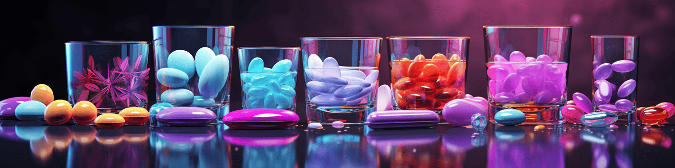 image of drug pills surrounding a glass of water symbolizing drug consumption